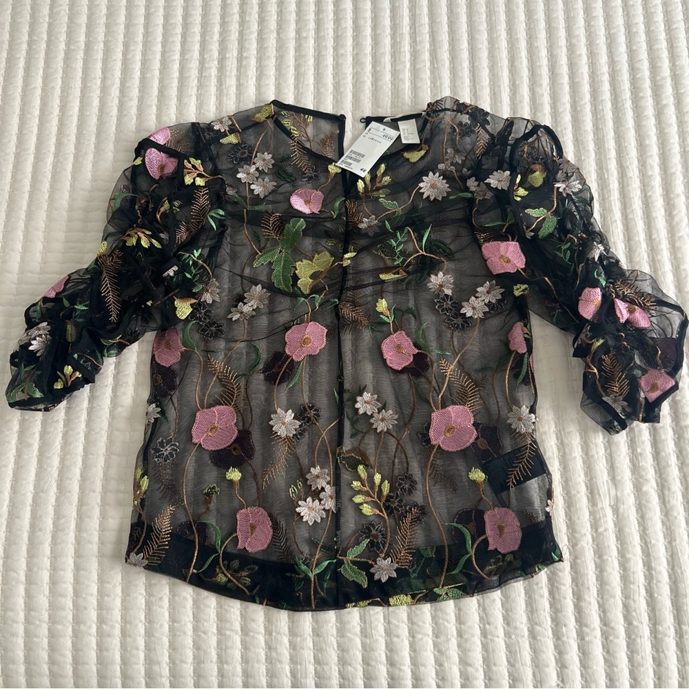 Sheer Black Mesh Floral Embroidered Blouse Top Size 6 NWT